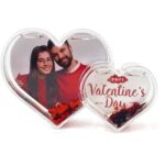 customized 2 photo snow glitter crystal double heart
