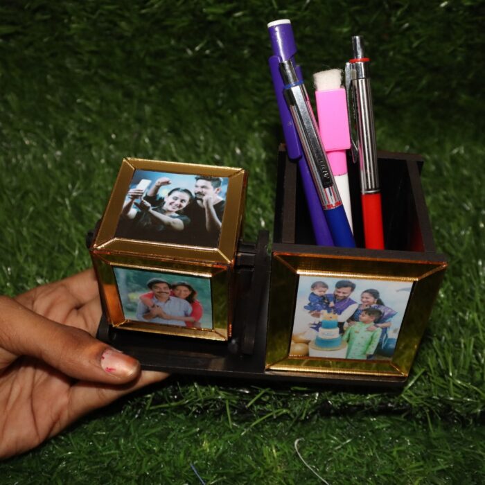 Customized Wooden Rotating 6 Photo Cube With Pen Stand - Image 4