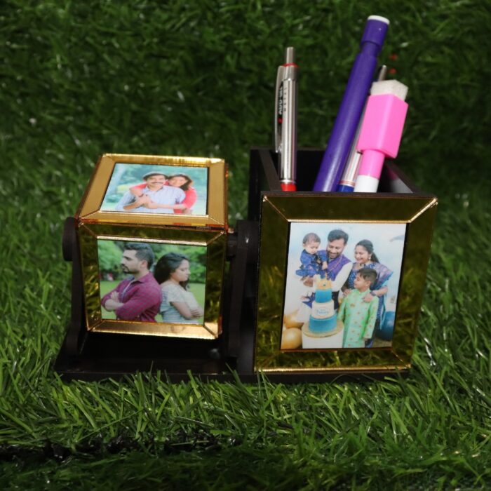Customized Wooden Rotating 6 Photo Cube With Pen Stand - Image 1